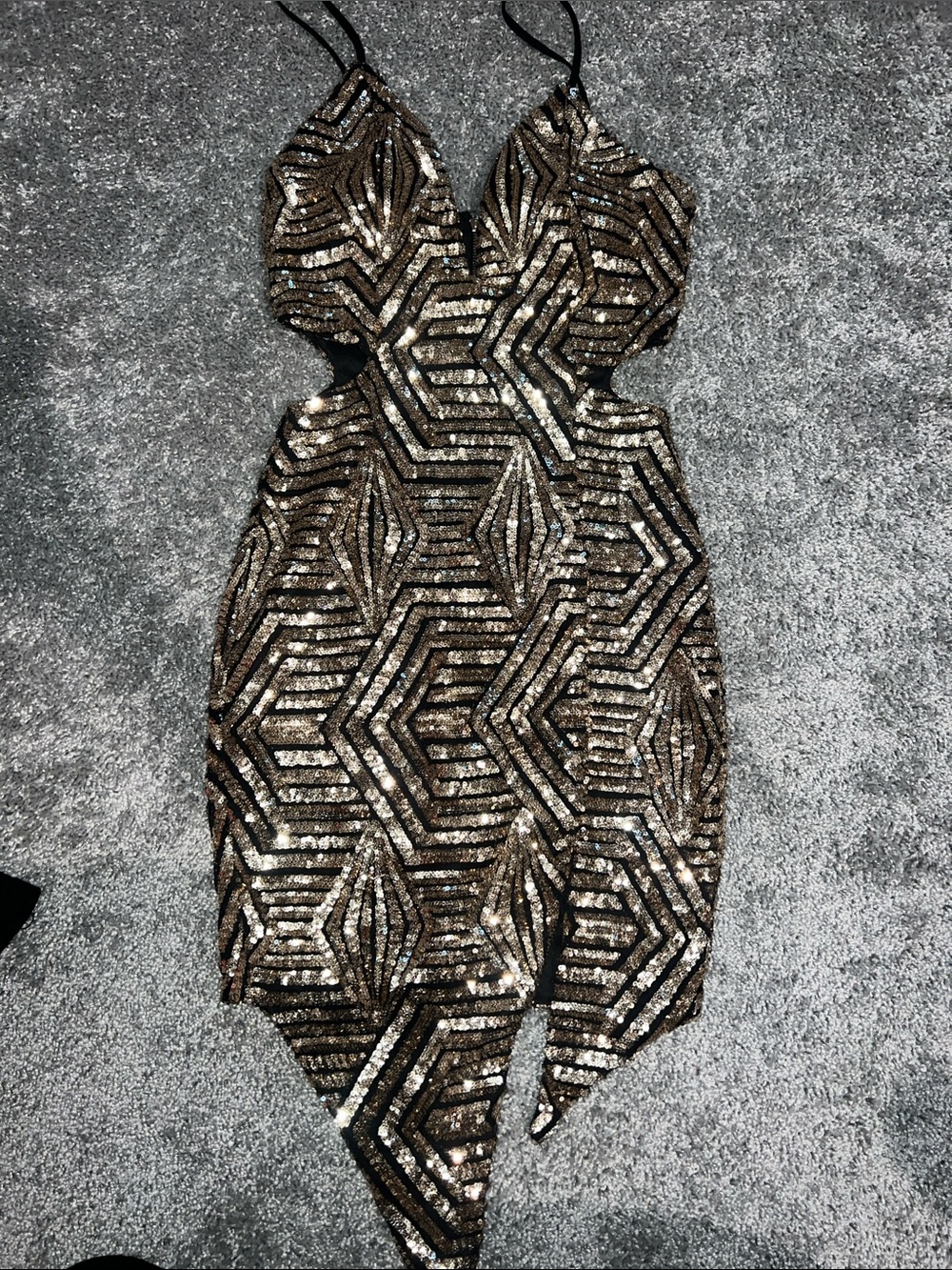 a'gaci Black and Gold Sequin Asymmetrical Bodycon Dress